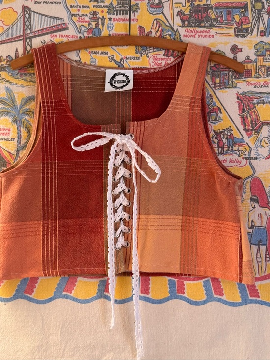 Handmade Tops - Handmade lace up -Front Plaid Crop Top in Rust and Peach